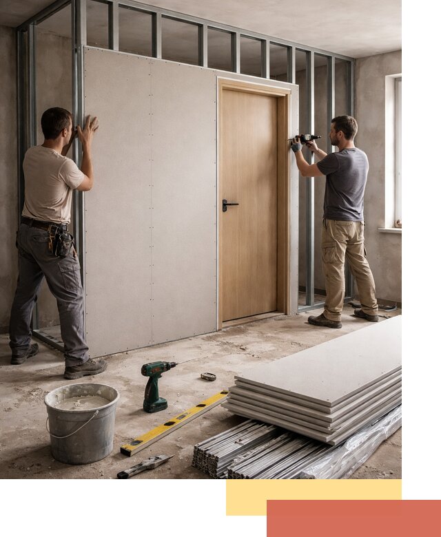 Перегородка из гипсокартона с дверью под ключ в Озерске