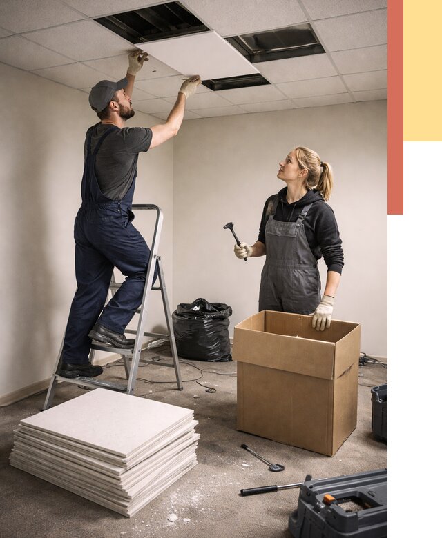 Демонтаж потолочной плитки в Озерске от 4564 руб. быстро и недорого | ОТДЕЛОЧНИК-Озр