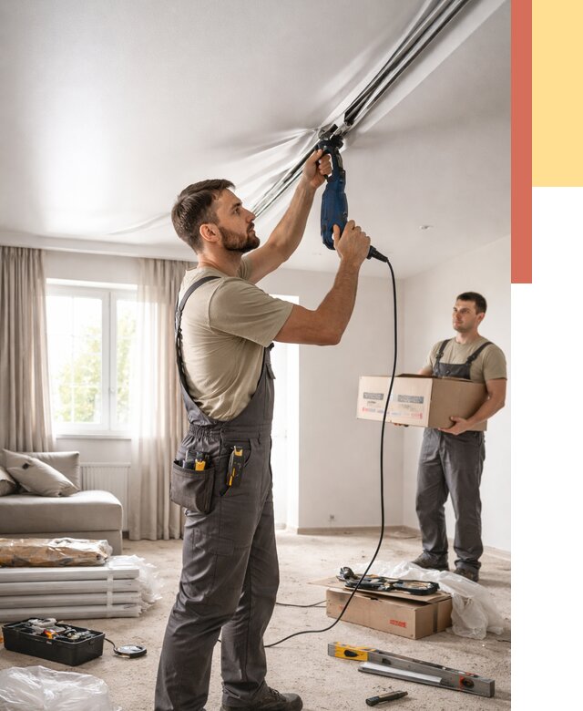 Монтаж сатинового натяжного потолка в Озерске от 3550 руб. | Быстро, недорого — ОТДЕЛОЧНИК-Озр