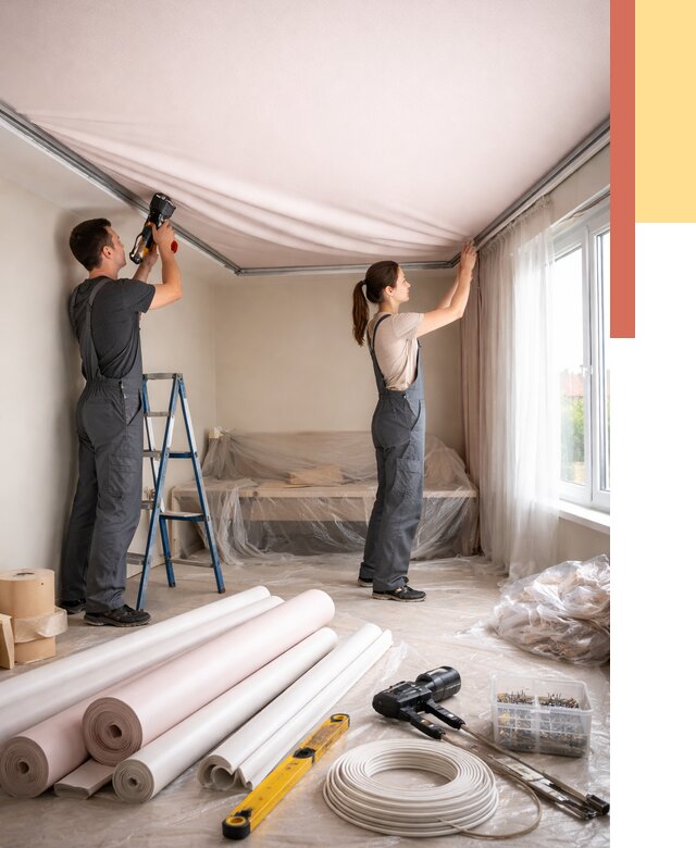 Монтаж цветного натяжного потолка в Озерске от 4260 руб/м² — быстро и недорого | ОТДЕЛОЧНИК-Озр