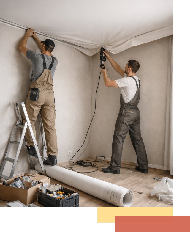 Монтаж цветного натяжного потолка в Озерске за один день