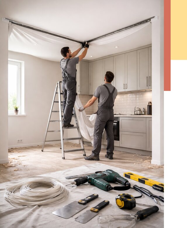 Установка натяжного потолка на кухне в Озерске от 2434 руб. | ОТДЕЛОЧНИК-Озр