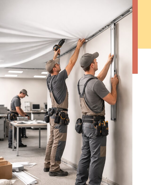 Монтаж натяжного потолка в офисе в Озерске от 456 руб/м² — быстро и недорого | ОТДЕЛОЧНИК-Озр