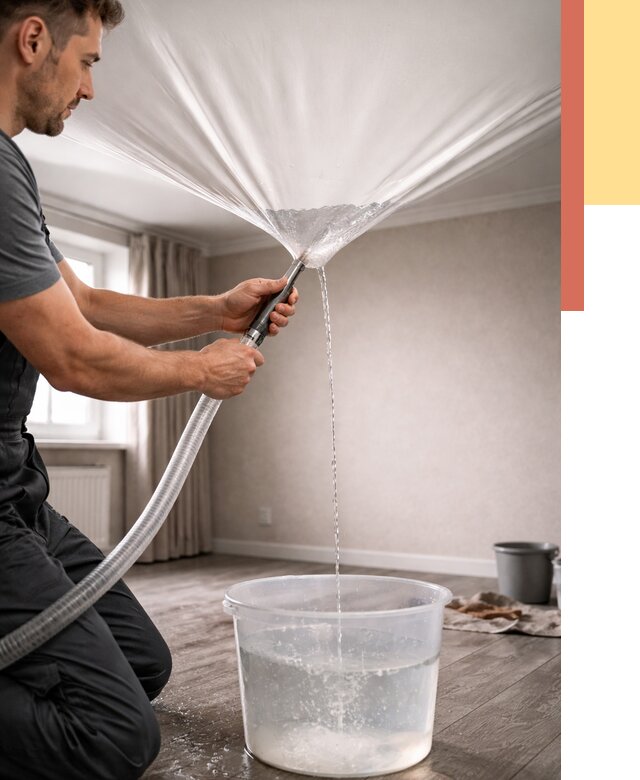 Слив воды с натяжного потолка в Озерске от 2536 руб. быстро и недорого | ОТДЕЛОЧНИК-Озр