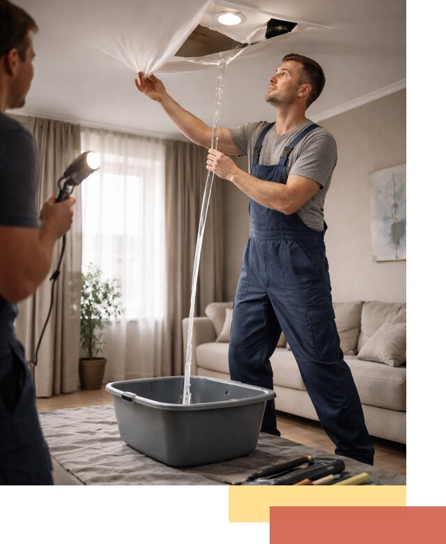 Слив воды с натяжного потолка в Озерске быстро и аккуратно