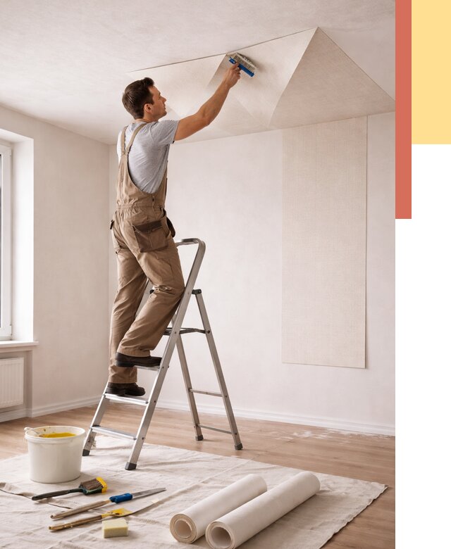 Поклейка обоев на потолок в Озерске от 4564 руб. быстро и недорого | ОТДЕЛОЧНИК-Озр